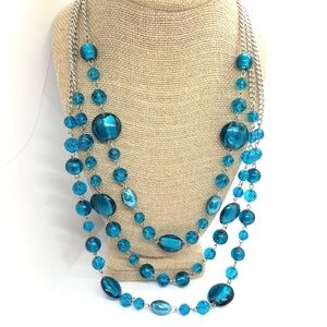 3/$30 BLUE FOIL GLASS BEAD MULTI CHAIN NECKLACE SATELLITE SILVER TONE LAYERED